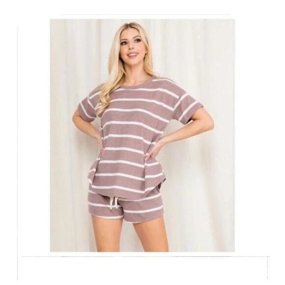 Mocha Short Sleeve Striped Top and Short Set  Sizes M-L-XL - Picture 1 of 7